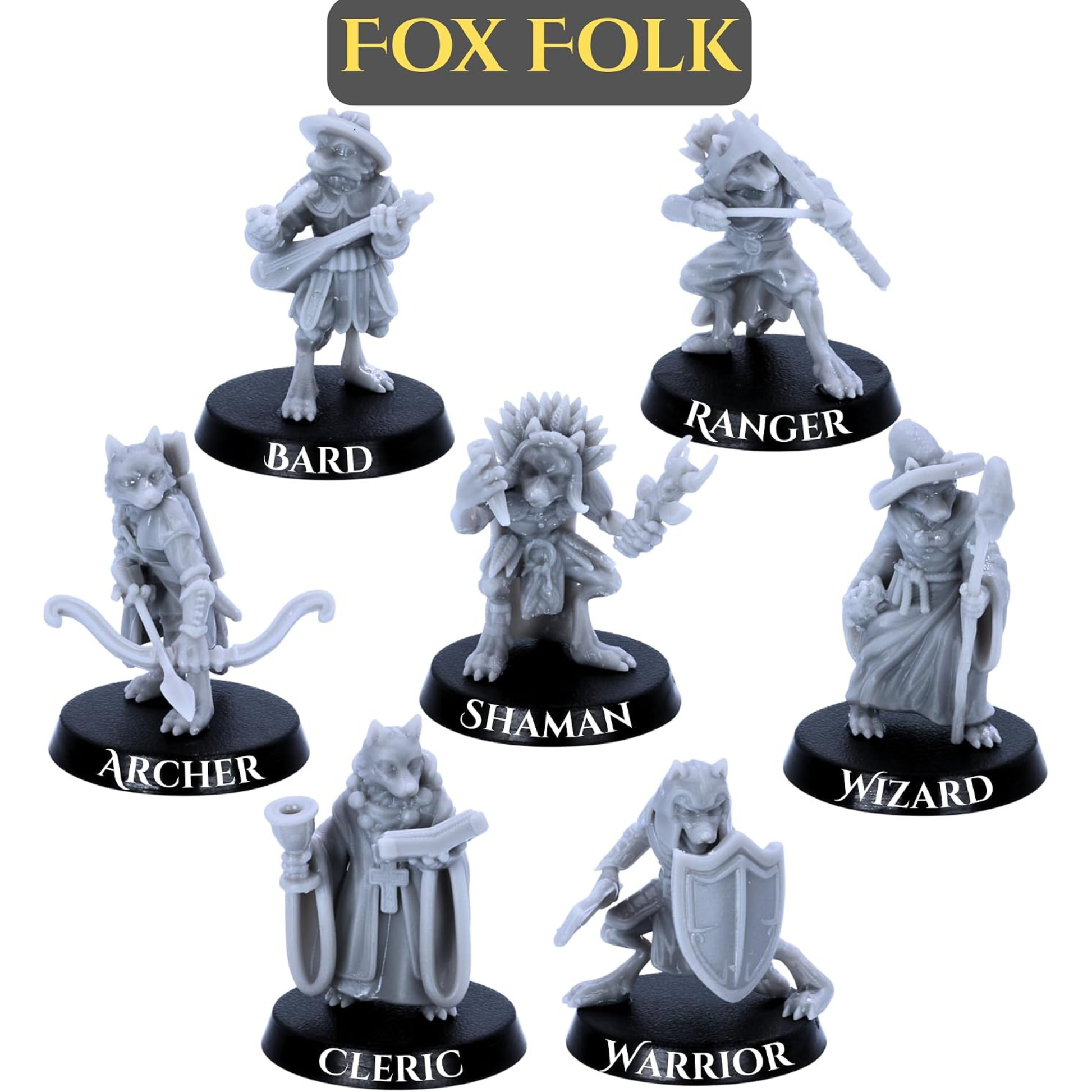 Seven Fox Folk fantasy adventurer miniatures including bard, ranger, archer, shaman, wizard, cleric and warrior.