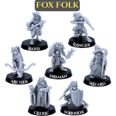 Seven Fox Folk fantasy adventurer miniatures including bard, ranger, archer, shaman, wizard, cleric and warrior.