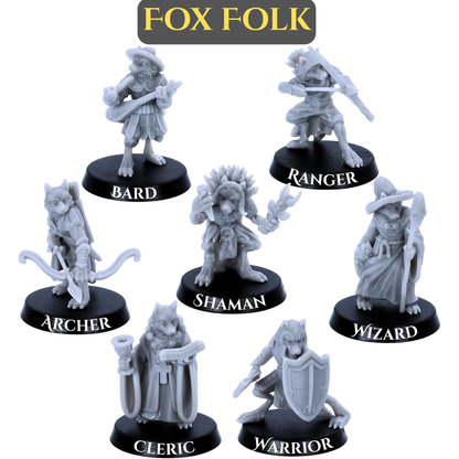 Seven Fox Folk fantasy adventurer miniatures including bard, ranger, archer, shaman, wizard, cleric and warrior.