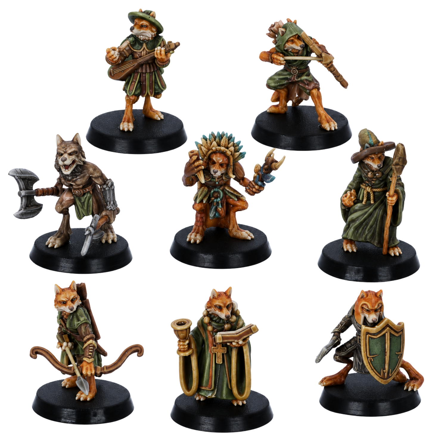 Painted Fox Folk set by Epic Miniatures showing eight 28mm fantasy fox adventurer miniatures on 25mm round bases.