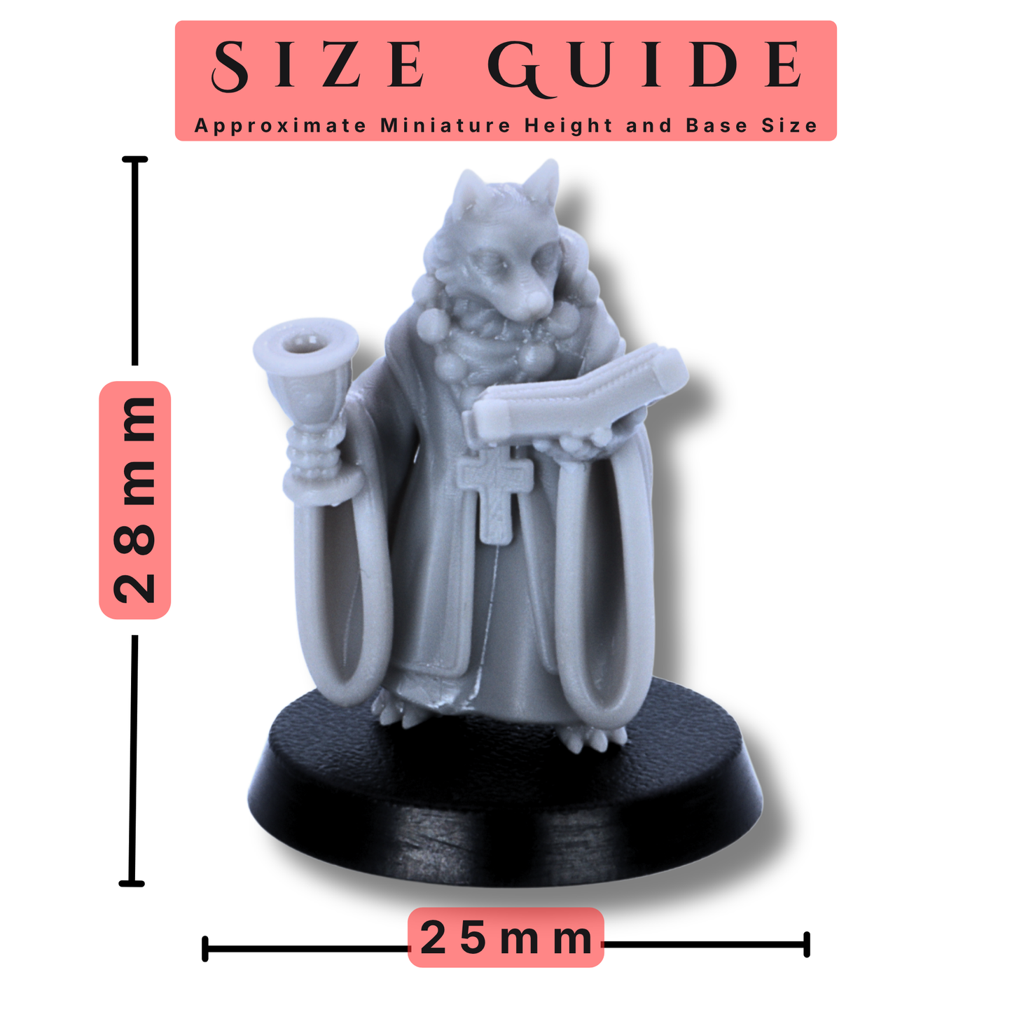 Size guide for Fox Folk miniature showing 28mm height and 25mm round base size.