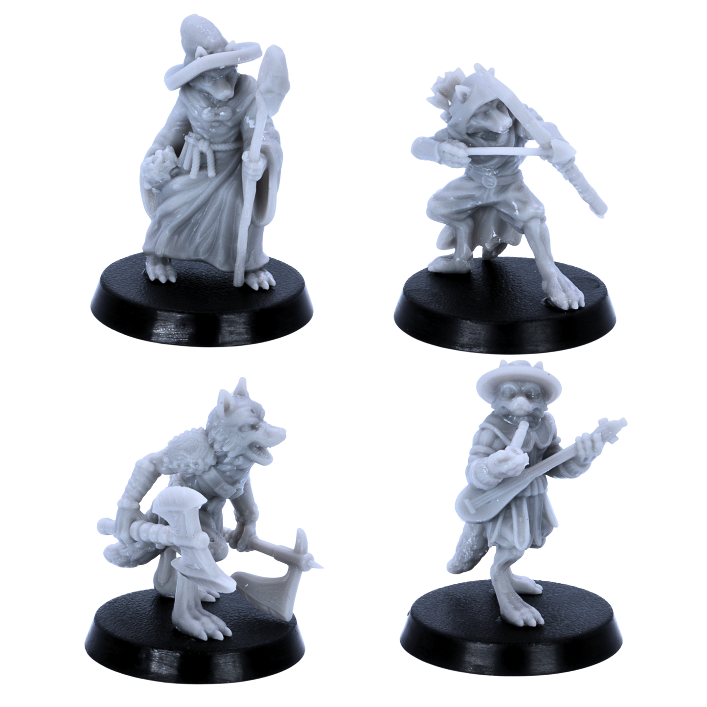 Unpainted Fox Folk miniatures showing individual character poses including archer, bard, cleric, warrior, and shaman.