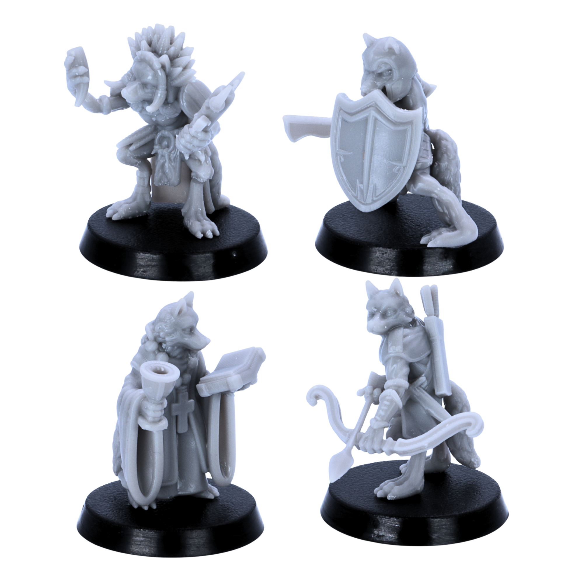 Unpainted Fox Folk miniatures showing detailed close-up views of robes, weapons, shields, bows, and fox character features.