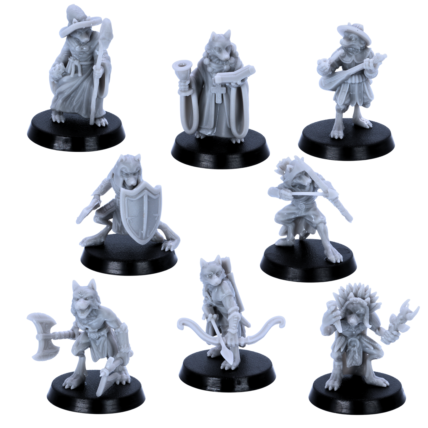 Unpainted Fox Folk miniatures showing eight fantasy fox adventurers with bows, shields, staffs, weapons, and robes.