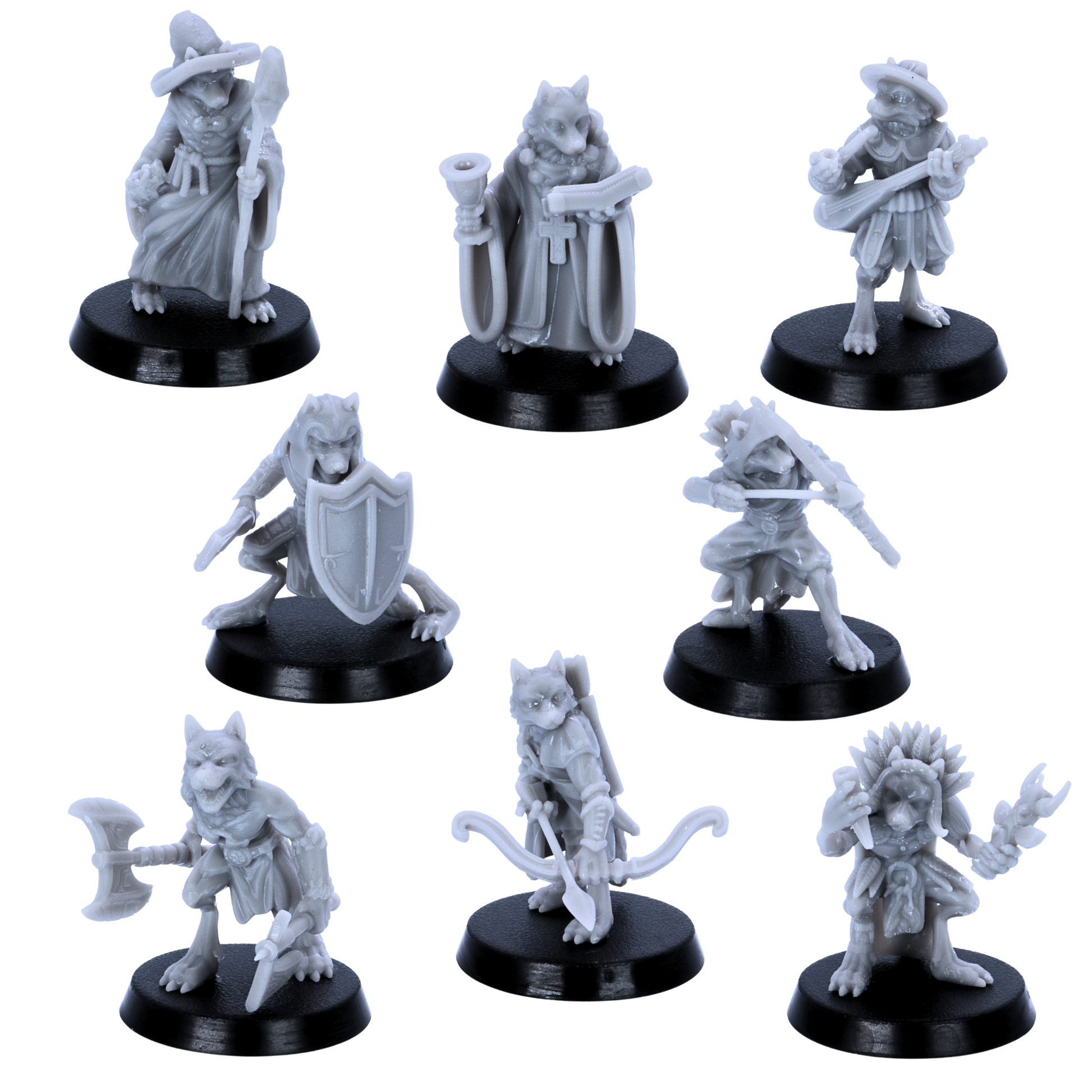 Unpainted Fox Folk miniatures showing eight fantasy fox adventurers with bows, shields, staffs, weapons, and robes.