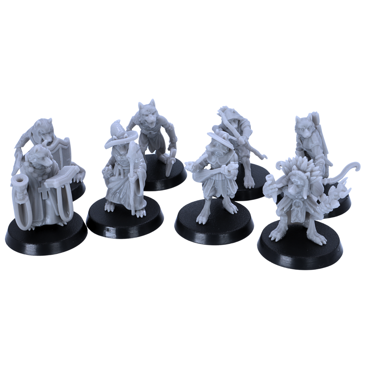 Unpainted Fox Folk set shown as a group of fantasy animalfolk adventurers for tabletop RPG encounters.