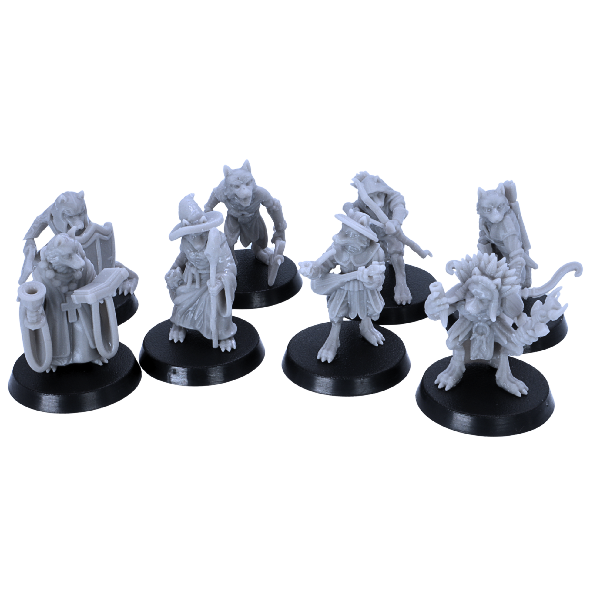 Unpainted Fox Folk set shown as a group of fantasy animalfolk adventurers for tabletop RPG encounters.