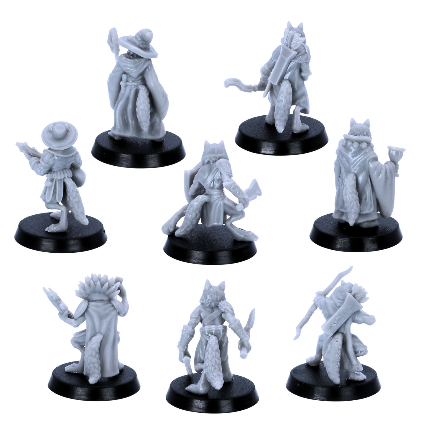 Unpainted Fox Folk miniatures showing rear views with cloaks, tails, quivers, robes, and adventuring gear.