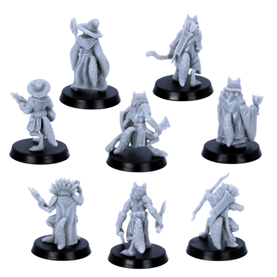 Unpainted Fox Folk miniatures showing rear views with cloaks, tails, quivers, robes, and adventuring gear.