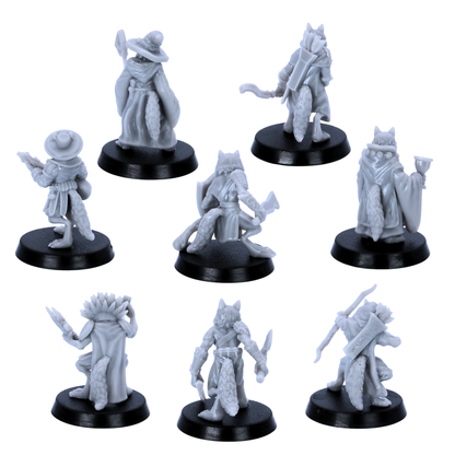 Unpainted Fox Folk miniatures showing rear views with cloaks, tails, quivers, robes, and adventuring gear.