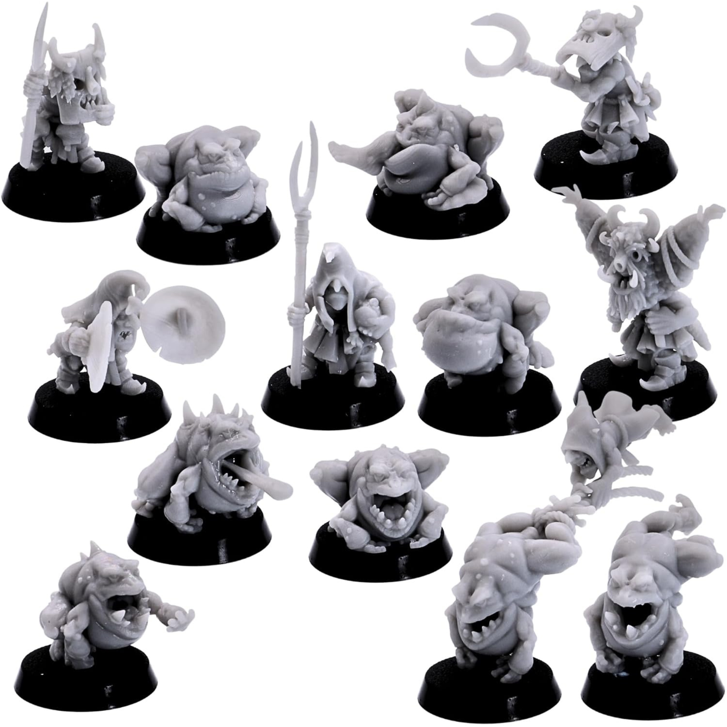 Full Frog Herders set of 13 resin miniatures including frog creatures, handlers and tribal characters.