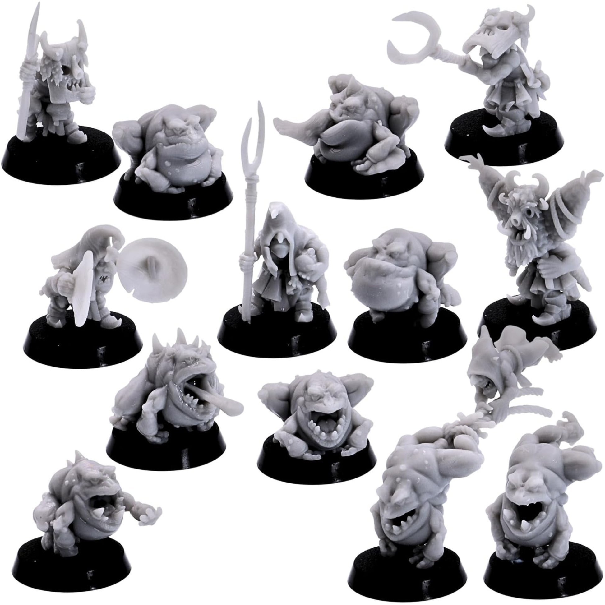 Full Frog Herders set of 13 resin miniatures including frog creatures, handlers and tribal characters.