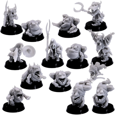 Full Frog Herders set of 13 resin miniatures including frog creatures, handlers and tribal characters.