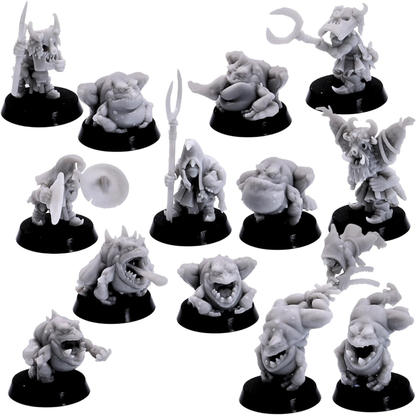 Full Frog Herders set of 13 resin miniatures including frog creatures, handlers and tribal characters.