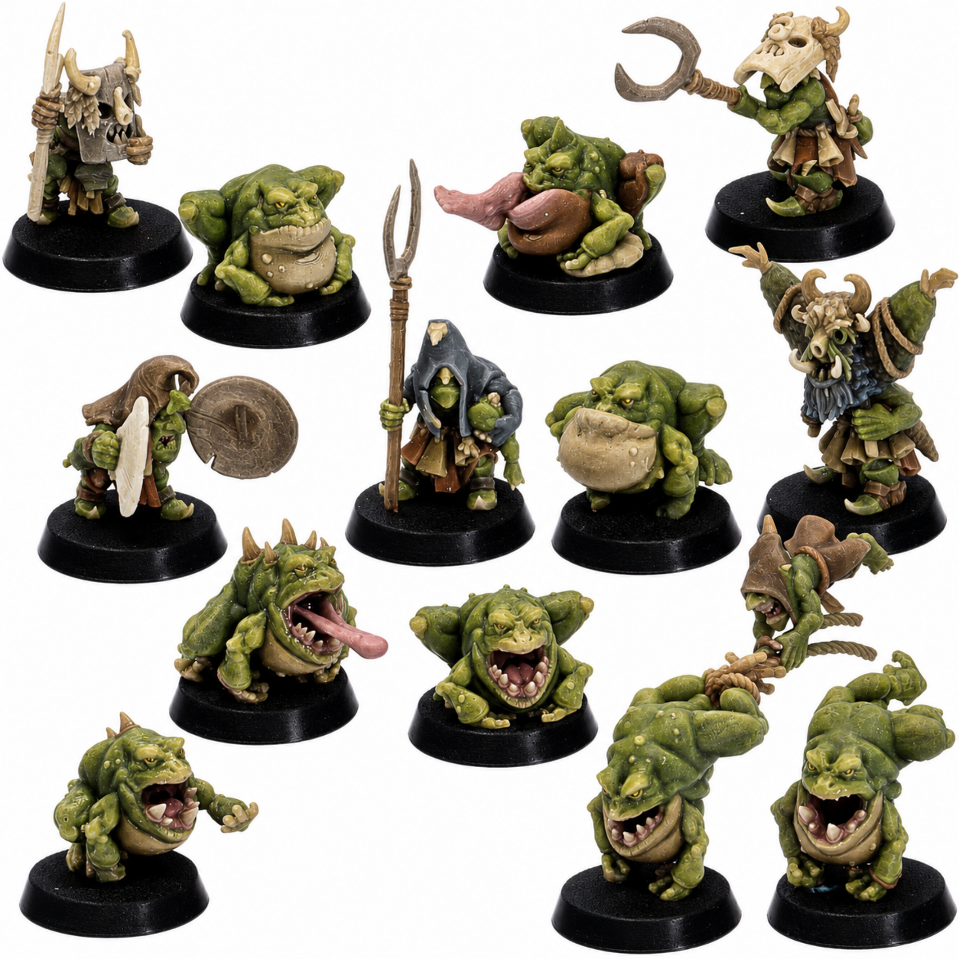 Painted Frog Herders set by Highlands Miniatures featuring large fantasy frogs and goblin-like handlers.