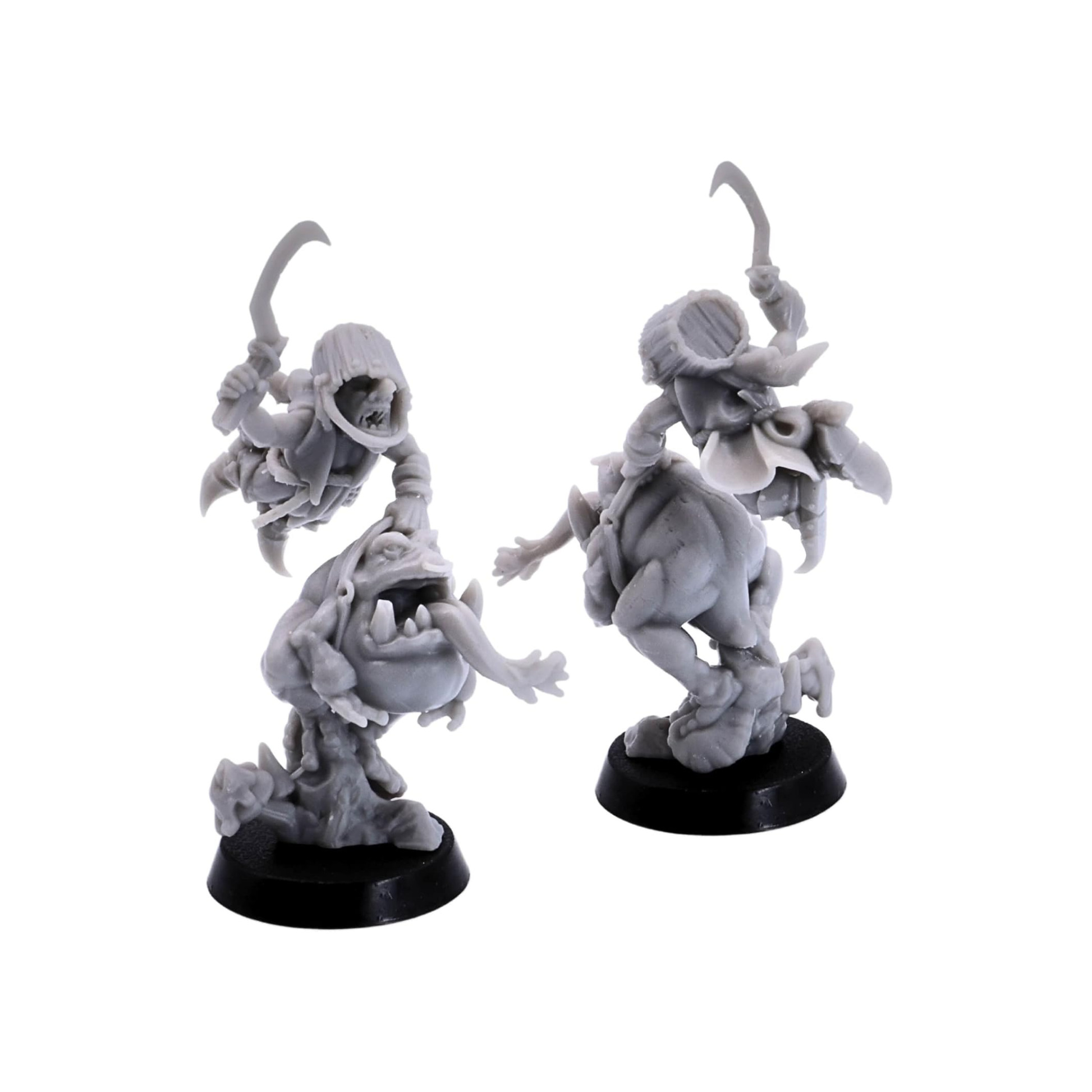 Close views of the Frog Riders showing helmets, hoods, weapons, straps and expressive creature faces.