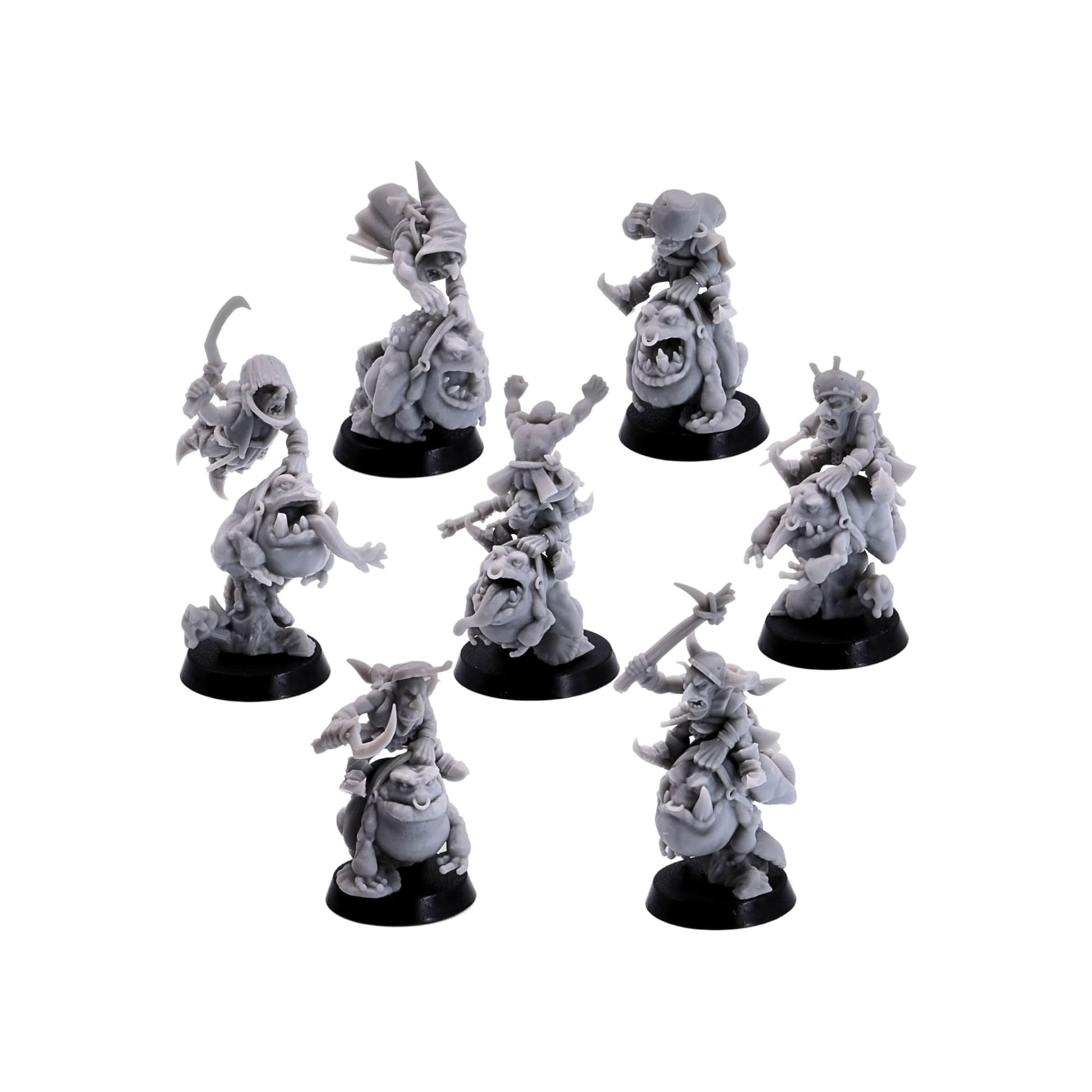 Full set of seven Frog Riders miniatures shown together on 32mm round bases.