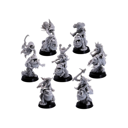 Full set of seven Frog Riders miniatures shown together on 32mm round bases.