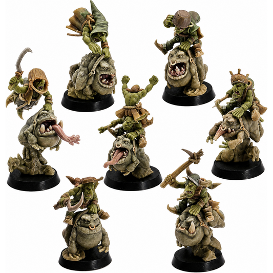 Painted Frog Riders set by Highlands Miniatures featuring seven goblin-like riders mounted on fantasy frog creatures.