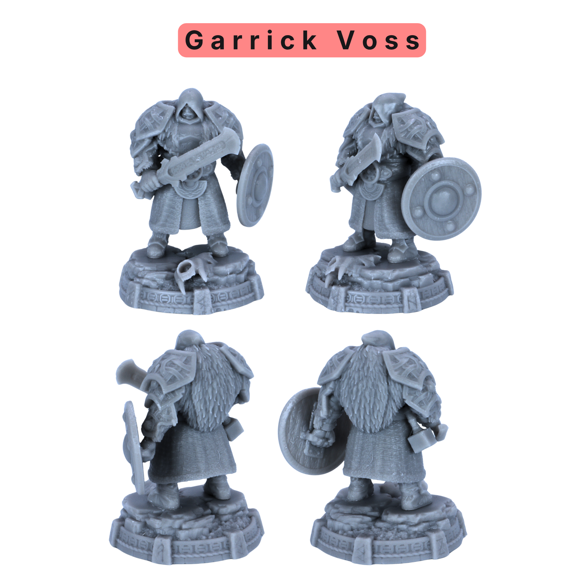 Unpainted Garrick Voss miniature showing armored fantasy warrior with sword, shield, fur cloak, and scenic base.