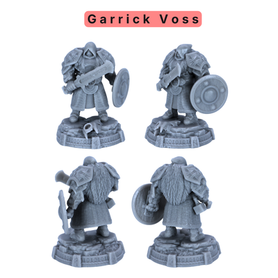Unpainted Garrick Voss miniature showing armored fantasy warrior with sword, shield, fur cloak, and scenic base.