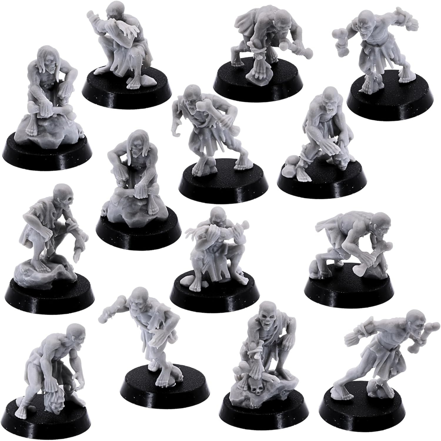 Group view of 14 unpainted ghoul miniatures in varied poses.