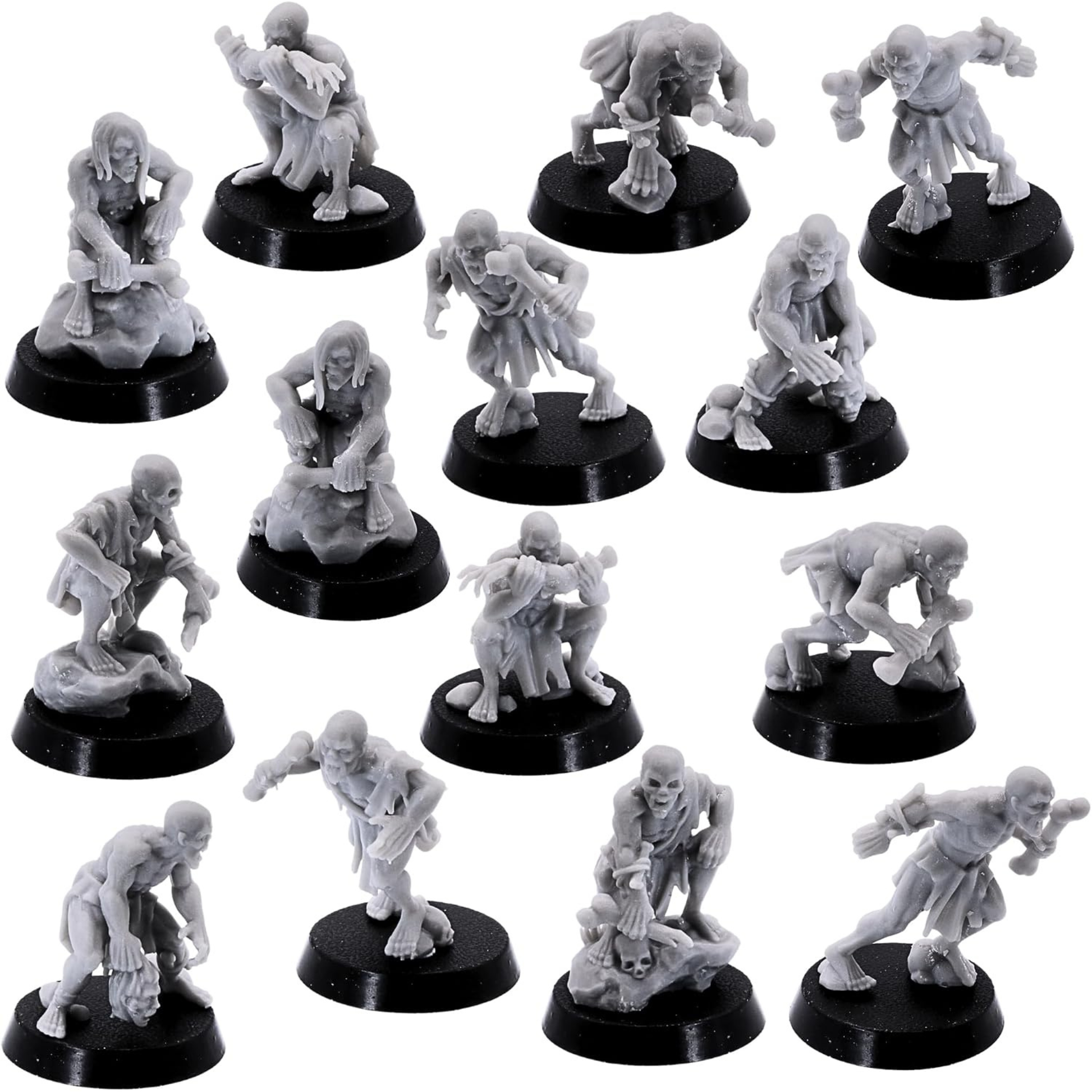 Group view of 14 unpainted ghoul miniatures in varied poses.