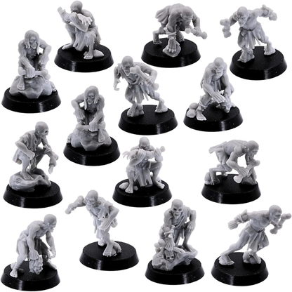 Group view of 14 unpainted ghoul miniatures in varied poses.