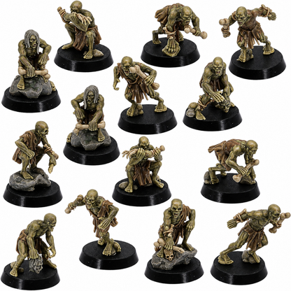 Painted showcase of 14 fantasy ghoul miniatures by Highlands Miniatures.