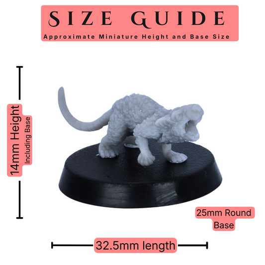 Giant Rats set of 12 32mm scale miniatures size guide showing an approximate 14mm height including base, 32.5mm length, and 25mm round base size.
