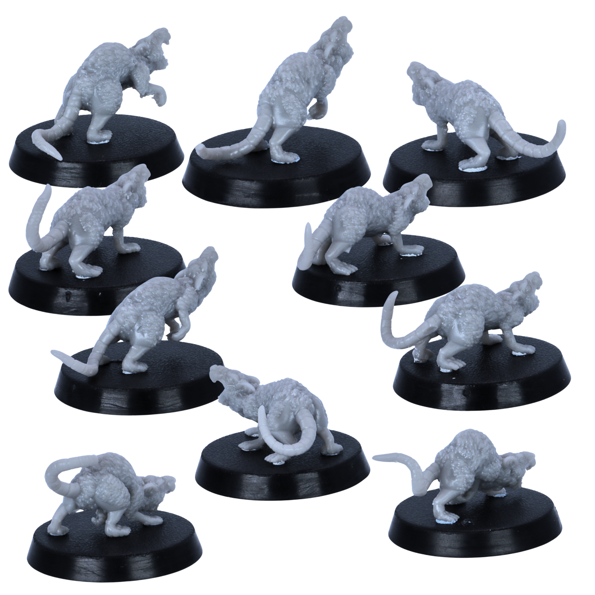 Unpainted Giant Rats miniatures showing rear and side details with long tails and textured fur.