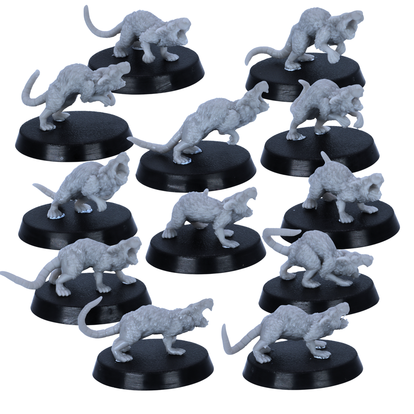 Unpainted Giant Rats set showing side-view crawling and snarling poses for fantasy tabletop RPGs.