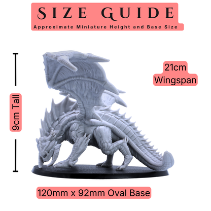 Size guide for Giant Red Dragon miniature showing approximately 9cm height, 21cm wingspan, and 120mm x 92mm oval base.