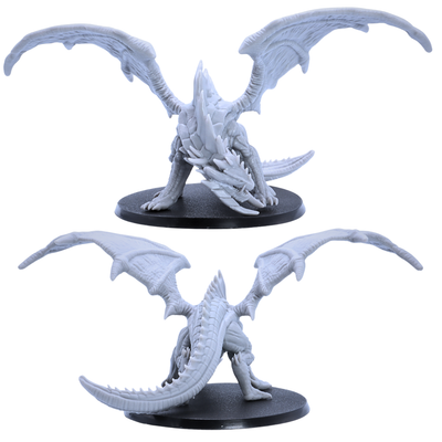 Unpainted Giant Red Dragon miniature shown from front and rear angles with large wings, spiked back, and long tail.