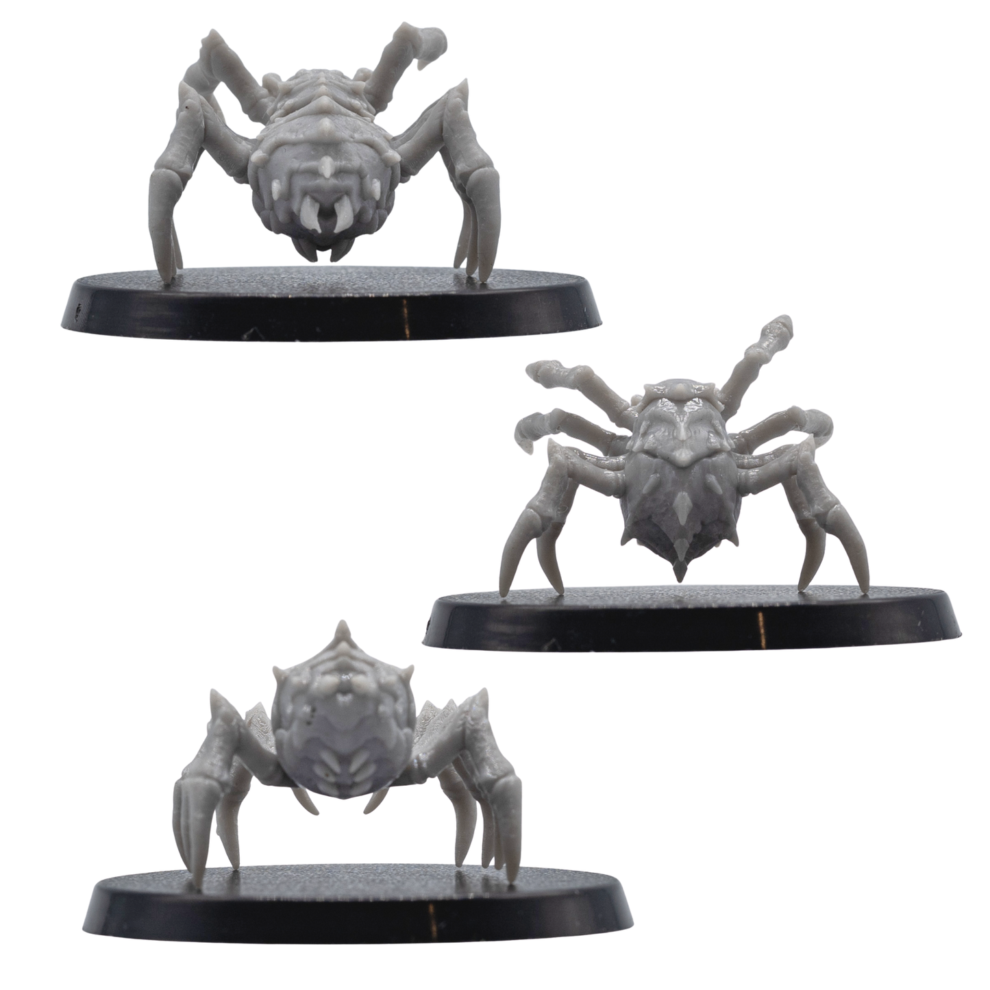 Back angle views of unpainted Giant Spider resin miniatures showing rear body detail, spiked armour plates, long legs, and round bases.
