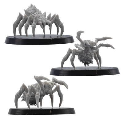Front and side views of unpainted Giant Spider miniatures showing raised legs, sharp mandibles, and detailed chitin armour.