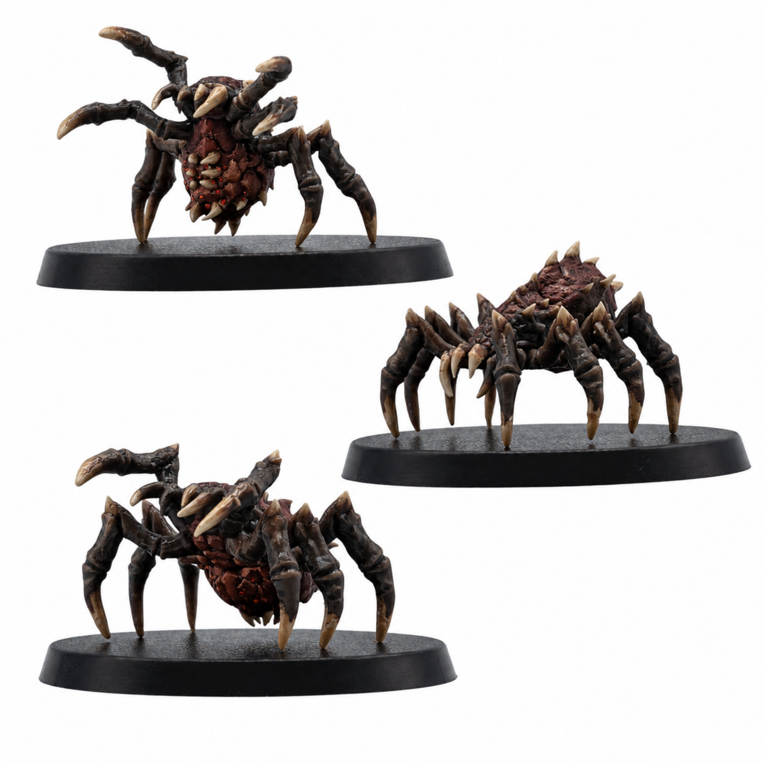 Painted example of three Giant Spider fantasy miniatures by Forged Path Miniatures on 40mm round bases.
