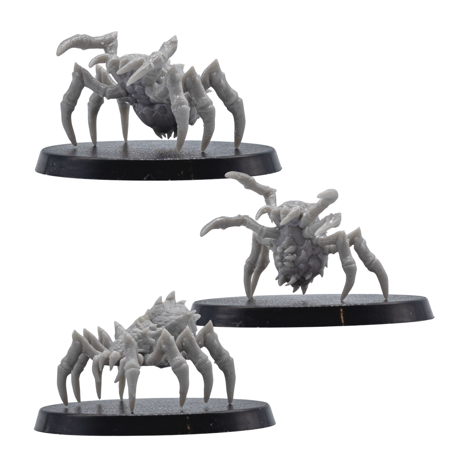 Unpainted Giant Spider resin miniatures showing multiple angle views with spiked bodies, long legs, fangs, and 40mm round bases.