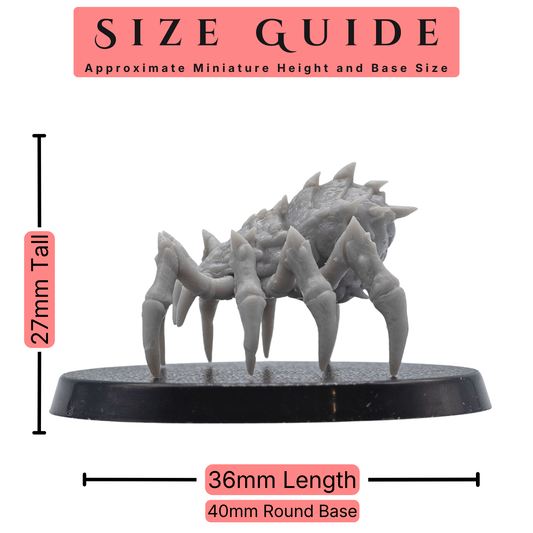 Size guide for a 32mm scale Giant Spider miniature showing 27mm height, 36mm length, and 40mm round base.