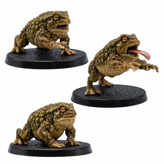 Painted Giant Toads by Forged Path Miniatures showing three fantasy toad miniatures on 40mm round bases.