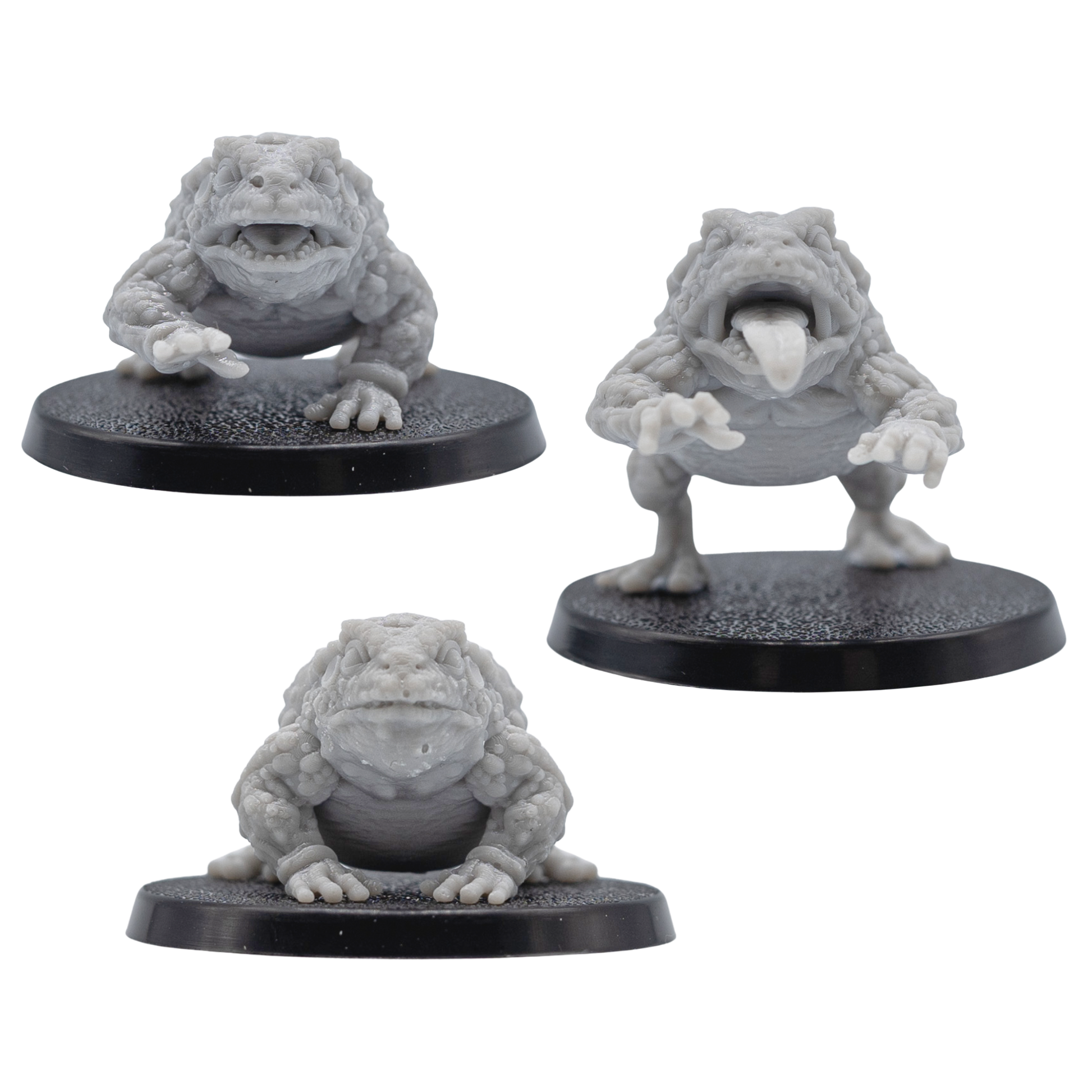 Front views of unpainted Giant Toads by Forged Path Miniatures on 40mm round bases.