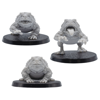 Front views of unpainted Giant Toads by Forged Path Miniatures on 40mm round bases.