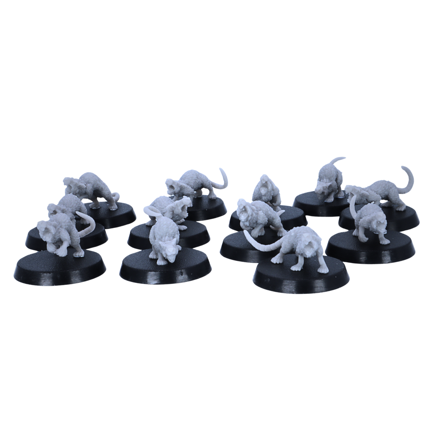 Unpainted Giant Rats set arranged as a full tabletop swarm for sewer and dungeon encounters.