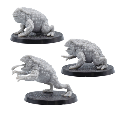 Angled views of unpainted Giant Toads by Forged Path Miniatures showing all three creature poses on 40mm round bases.