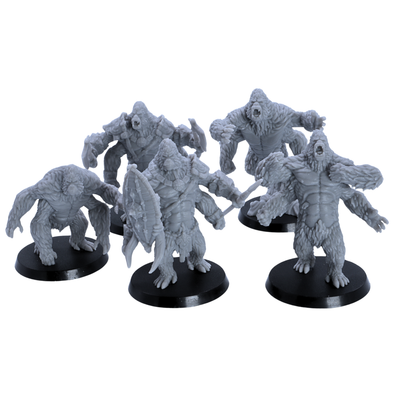 Group view of unpainted Girallon miniatures showing different poses, including armoured, roaring, and crouching variants.