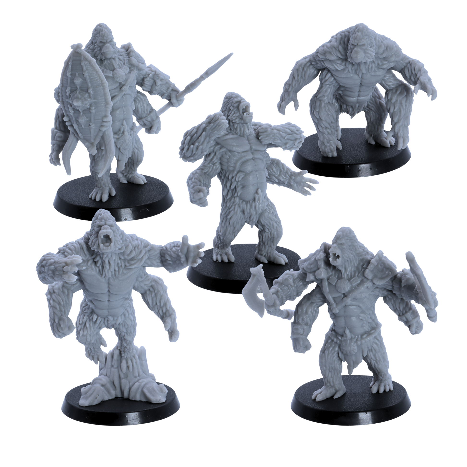 Unpainted Girallon miniatures set of five resin four-armed ape monsters on 40mm round bases.