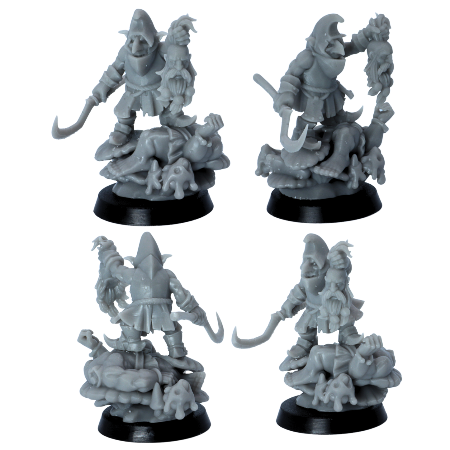 Unpainted hooded goblin character miniature holding a severed head and hooked blade.