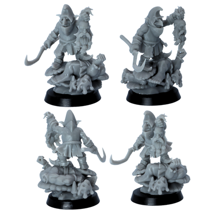 Unpainted hooded goblin character miniature holding a severed head and hooked blade.