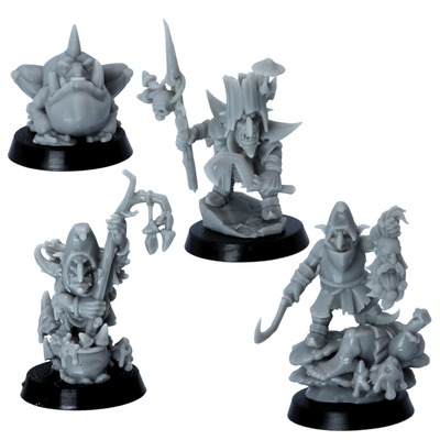 Unpainted Goblin Characters miniatures showing four different goblin sculpts on round bases.