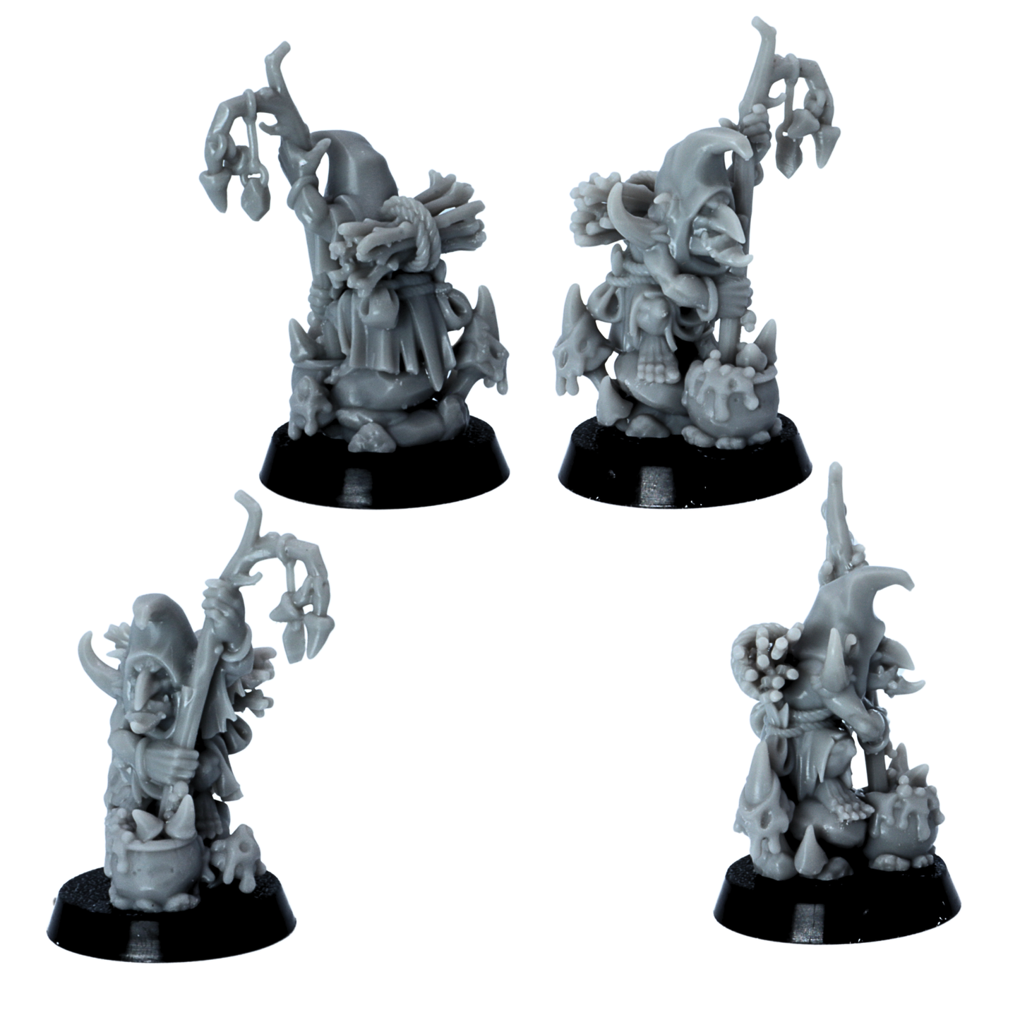 Unpainted goblin shaman miniature with staff, cauldron, and small creature details shown from multiple angles.
